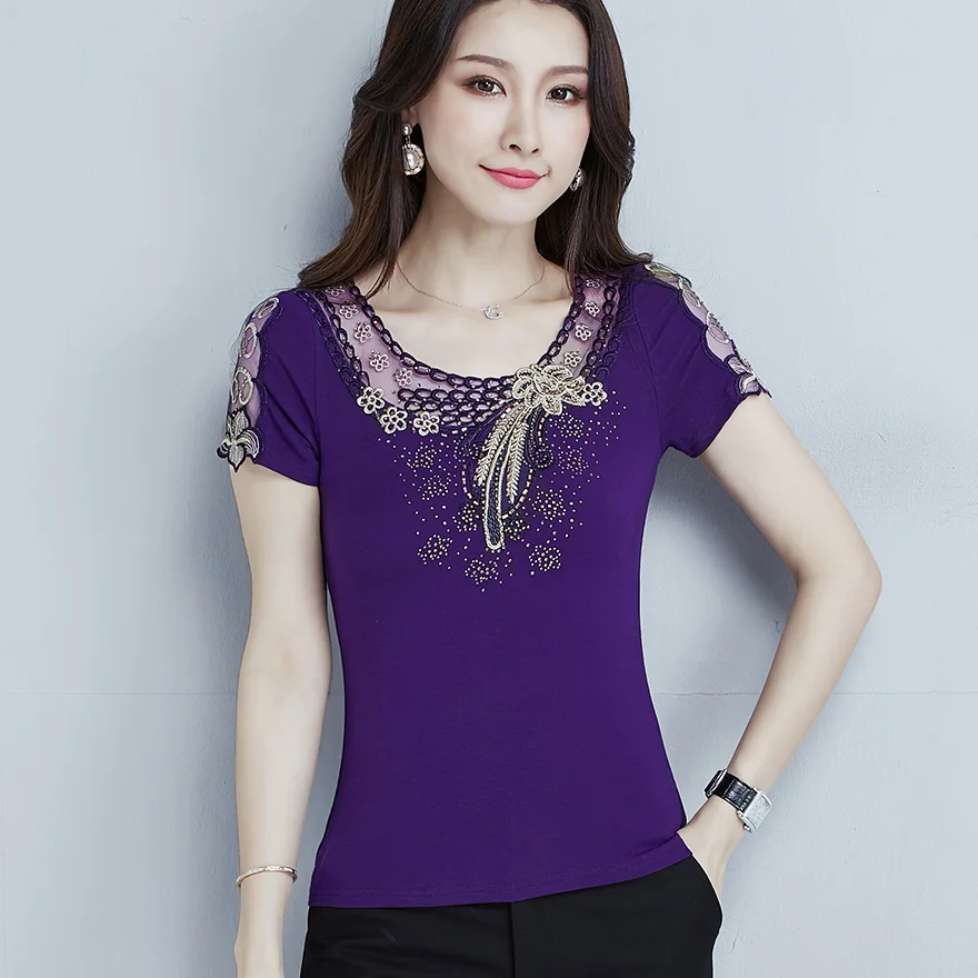  4XL plus size Women's shirt Fashion short sleeve summer tops shirt Elegant Slim Embroidered Diamond