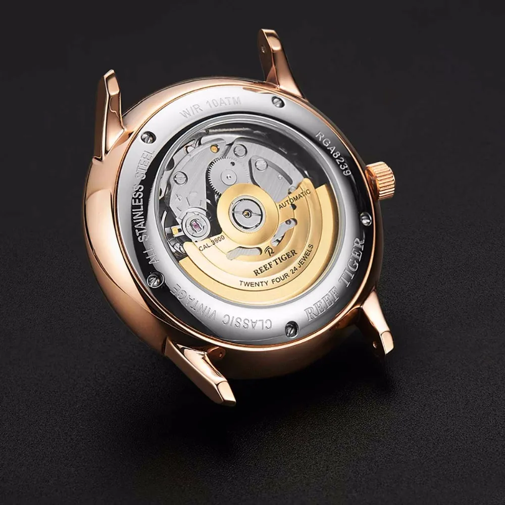 Reef Tiger/RT простые мужские часы, розовое золото, кожаный ремешок, автоматические часы, люксовый бренд, часы reloj RGA8238