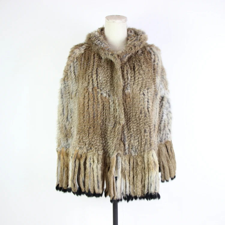 

Winter Women Real Rabbit Fur Hooded Poncho Knittd Rabbit Exquisite Fringed Fur Poncho Shawl button