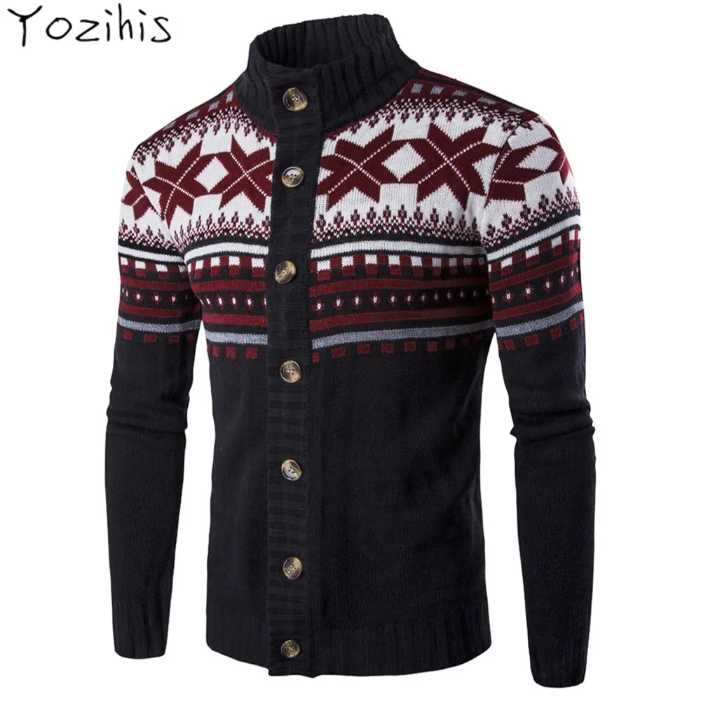 Yozihis Men's Geometric Snowflake Pattern Christmas Knitted Cardigan