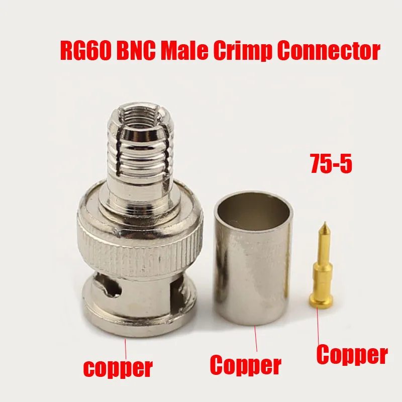 

Free shipping 100PCS/Lot Pure copper BNC male crimp plug for 75-5 RG60 coaxial cable, BNC Connector 3-piece crimp connector