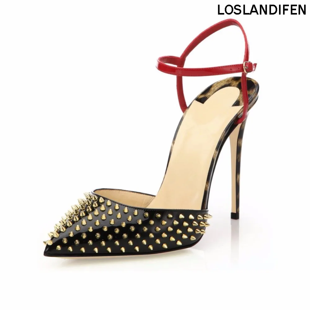 

Womens Fashion Handmade Ankle Strap Rivets Spikes Pointed Toe 10cm High Heel Party Office Sandals Shoes CKE109