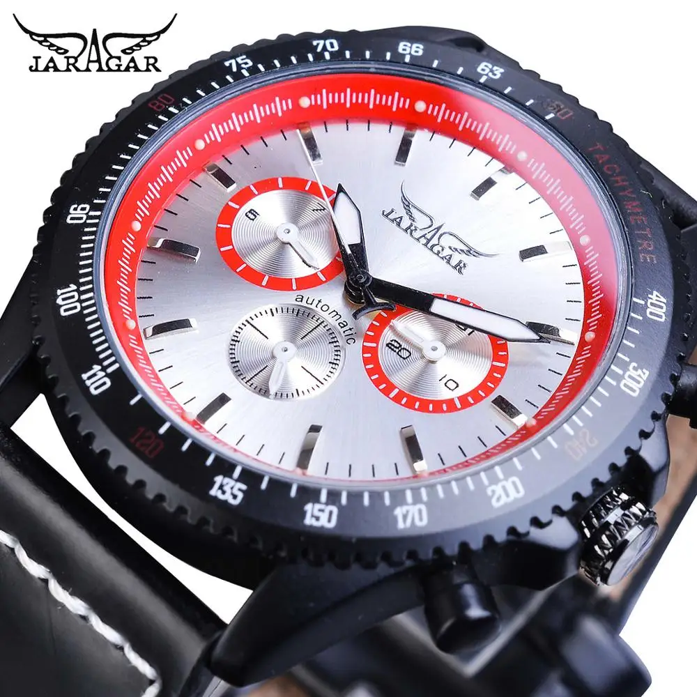 Jaragar Mechanical Men's Automatic Watch Classic Calendar Watches Black Red Genuine Leather Strap Wristwatch Clock Montre Homme