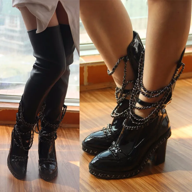Metal Modelos black Long Estrella Cadena Maneras De Botines Negro Espesor Largas Botas Otoño Estilo Boots E Tacón 2017 Invierno Alto Fresco Nuevo Dos Con Usar vB0qcgw