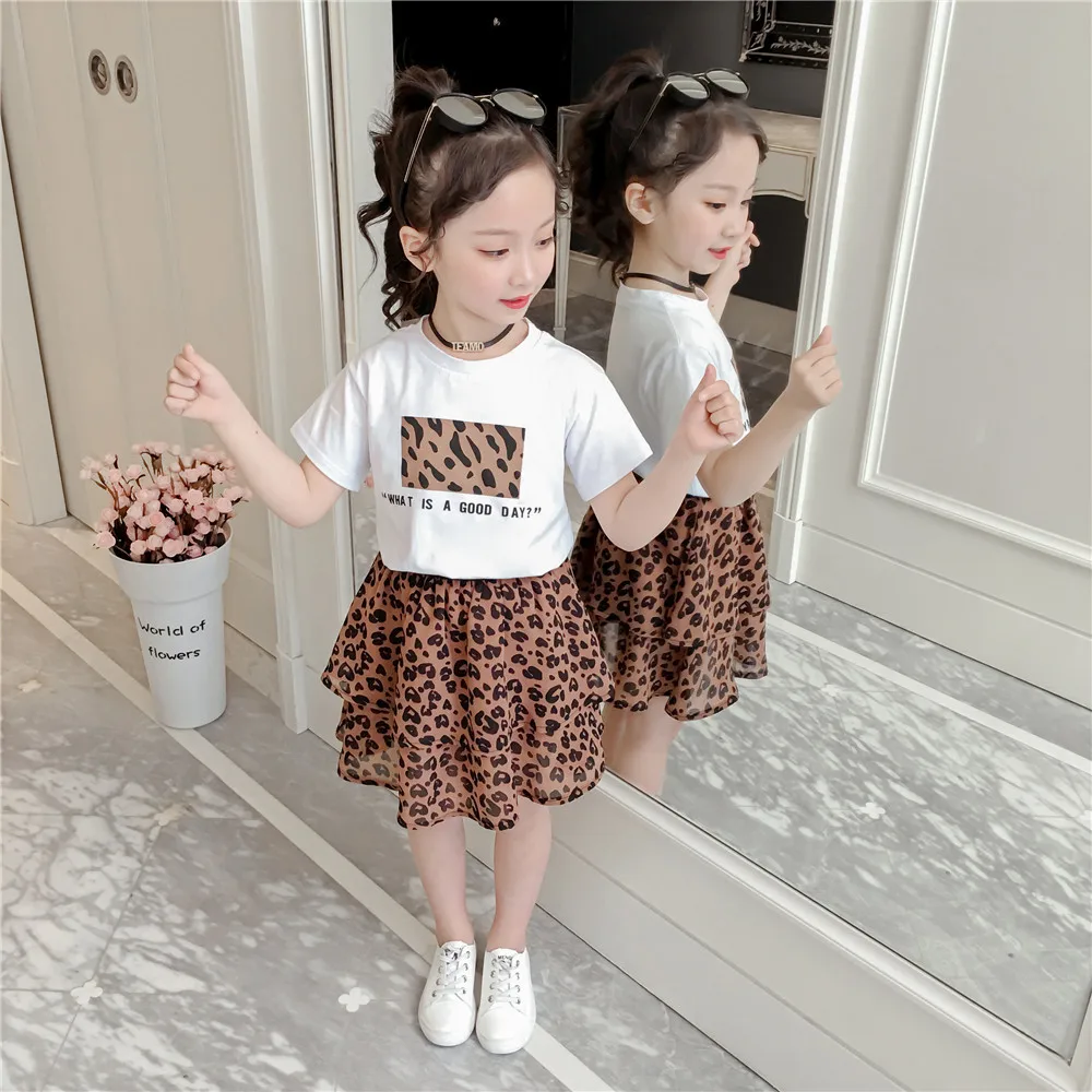 Fashion Children Clothing Set For Girls Clothes 2019 Summer Letter Tshirts Tops Leopard Chiffon Skirt 2Pcs Casual Kids Suit 3-9Y (9)