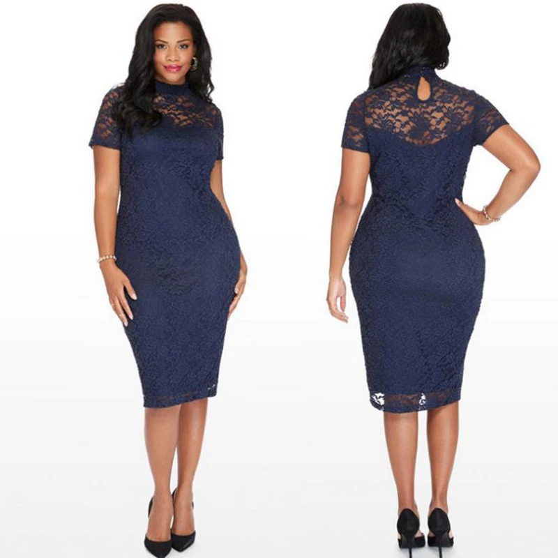 

New Elegant Large Size Lace Dresses Navy Blue Floral Lace Sleeved Fit and Flare Curvy Dress Vestidos Mujer 3XL 4XL 5XL 6XL