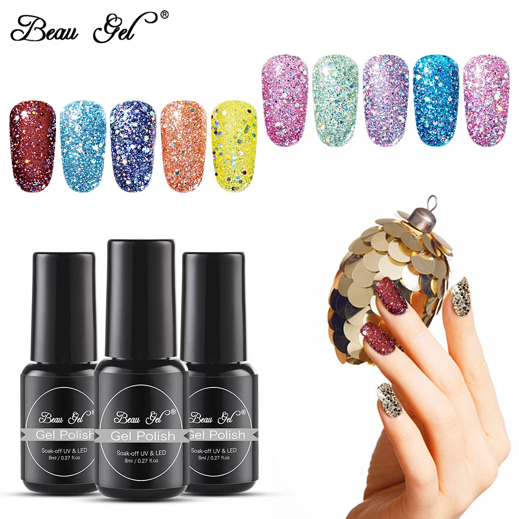 

Beau Gel 8ml Diamond Glitter UV Gel Nail Polish Soak OFF Sequins Bling Nail Polish Paint Gellak Semi Permanent Varnish Lacquer