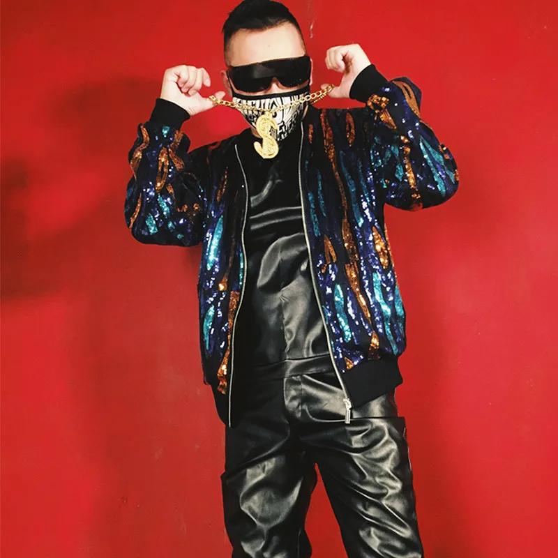Разноцветный блёстки бейсбол куртка Модные свободные пальто прилив певец ночной клуб DJ костюм из двух частей хип хоп Рок танцор