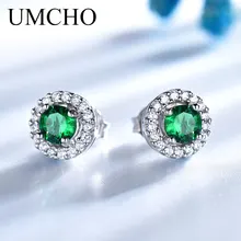 Joyería UMCHO Plata de Ley 925 auténtica, pendientes de broche redondos de Esmeralda Nano, aniversario Vintage para regalos de cumpleaños para mujeres