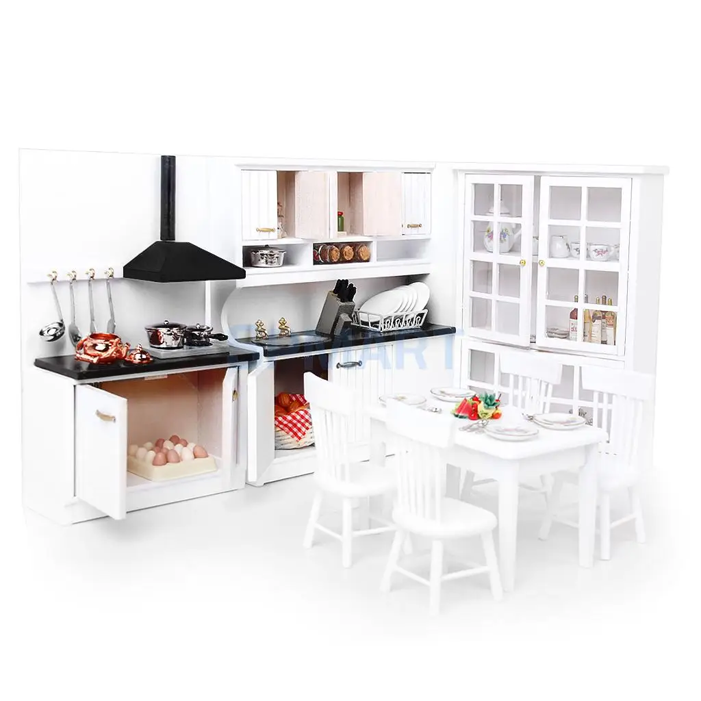 

European 1/12 Dolls House Miniature Wooden Furniture Set Kitchen Cabinet & Table Chair & Porcelain Tea Set Kid Pretend Play Toy