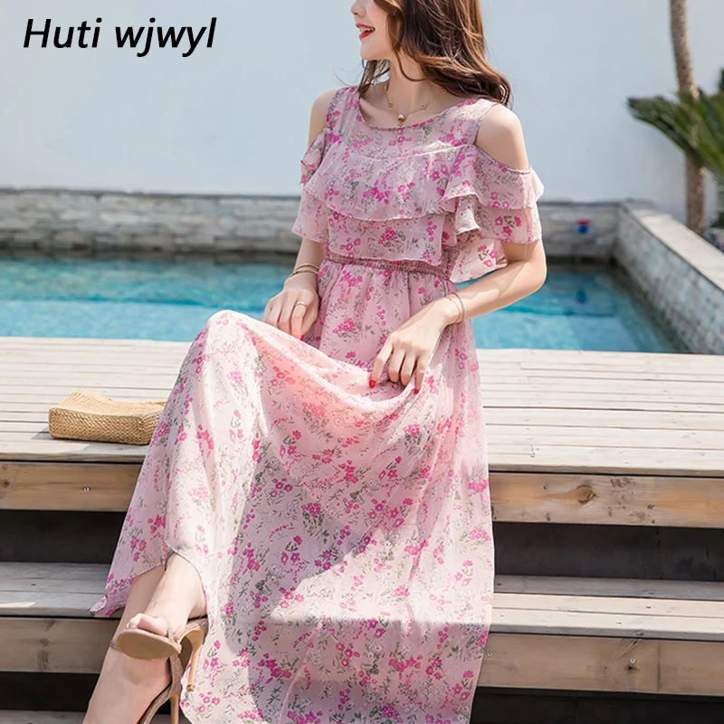 

2019 Plus Size Elegant Women Korean Dresses Party Off Shoulder Sexy Beach Vestido 9 Colors Summer Floral Chiffon Boho Midi Dress