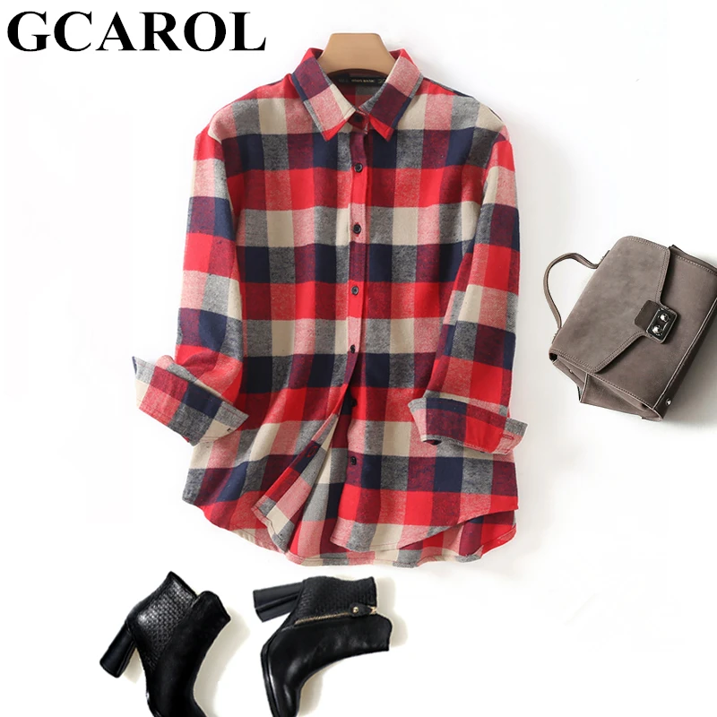Billig GCAROL 2019 Frühen Frühling Frauen Bunte Plaid Bluse Oversize Kammgarn Mischungen OL Arbeit Hemd Hohe Qualität Perfekte Grundlagen Tops