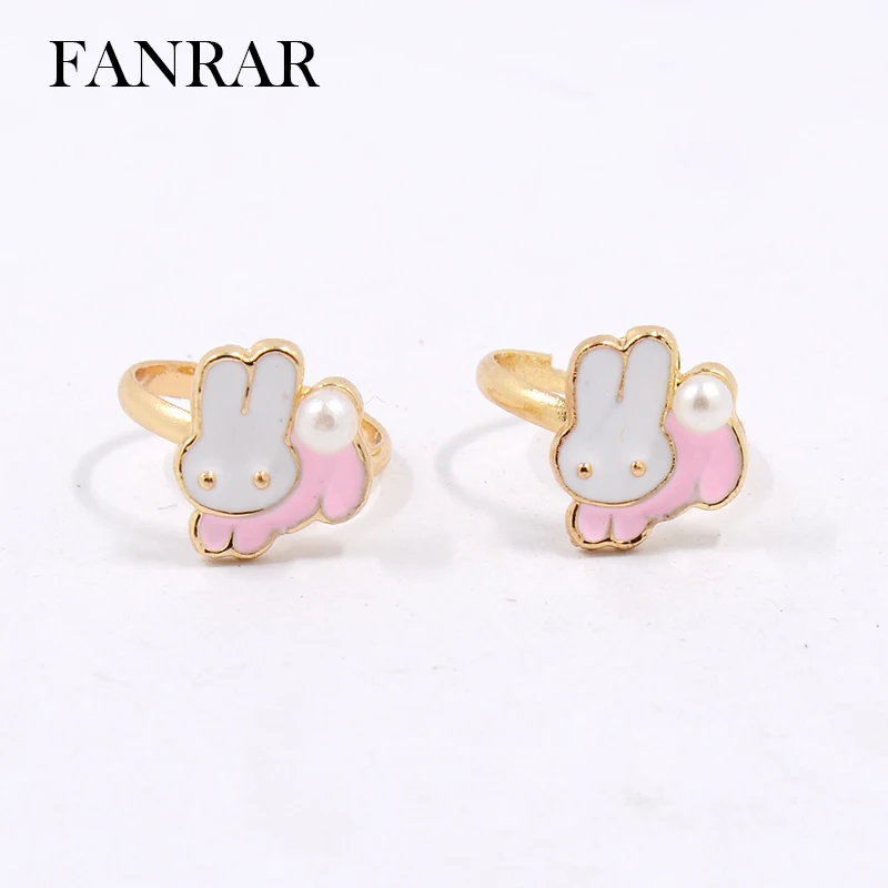 

High Quality Jewelry Cute Assorted Animal Enamel Rabbit Bunny Gold Color Imitation Pearls Girls Baby Kids Ring Woman Tail Ring
