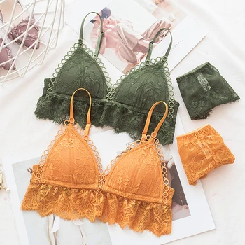 

Roseheart Women Fashion Yellow Coffee Lace Bralette Panties Wireless Bra Sets Underwear Sexy Lingerie Sets Keep Warm A B