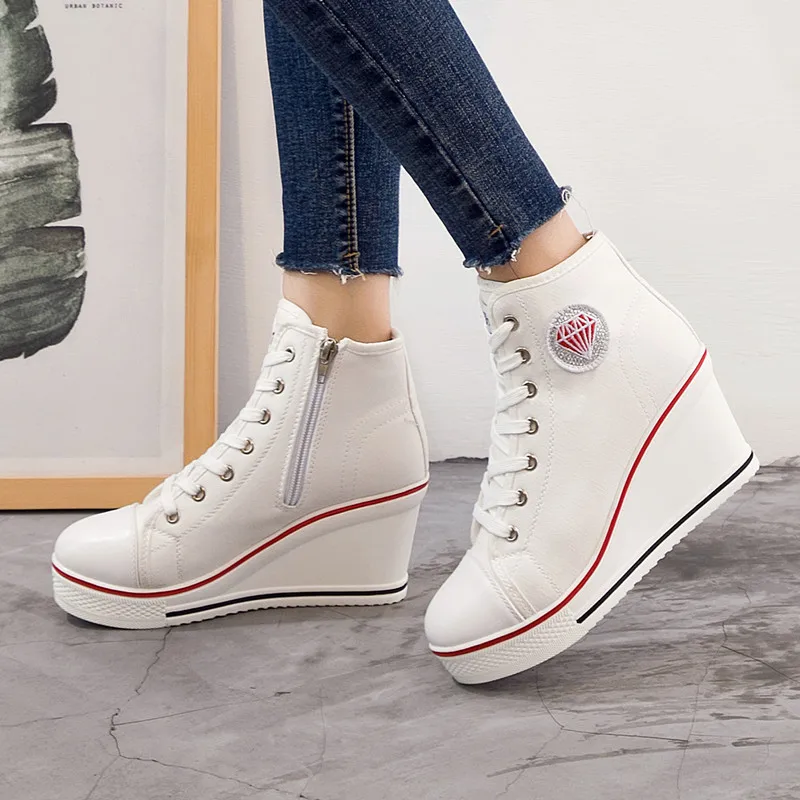 

2018 Badge Wedges High Lacing Zipper Casual Student Shoes Female Canvas Shoes High Top Slope Boots Women Casual Travel Shoes