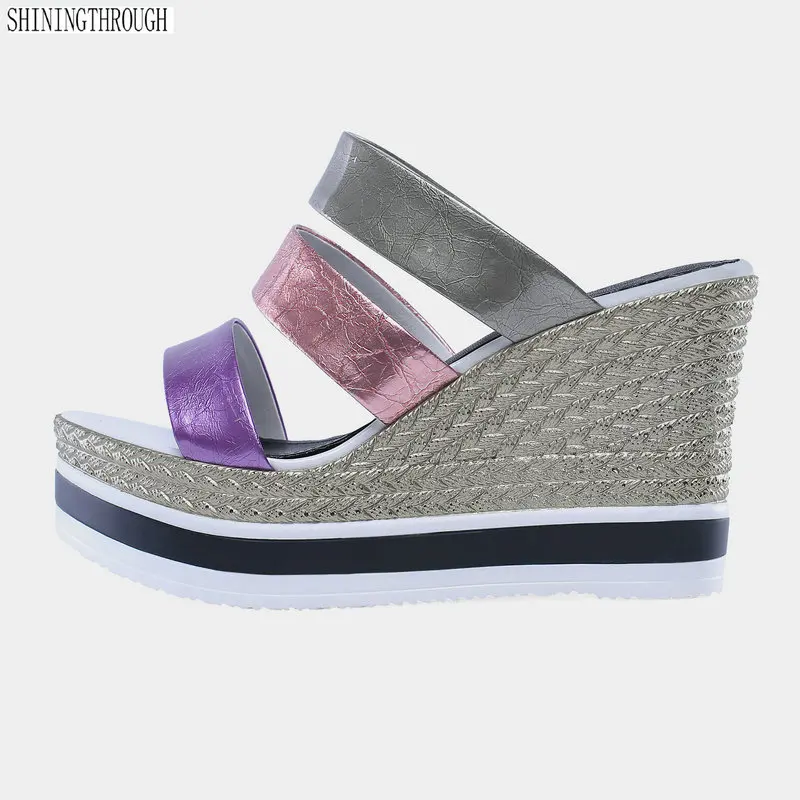 

mixed colors HIgh heels slippers woman wedges platform sexy ladies casual shoes genuine leather summer shoe