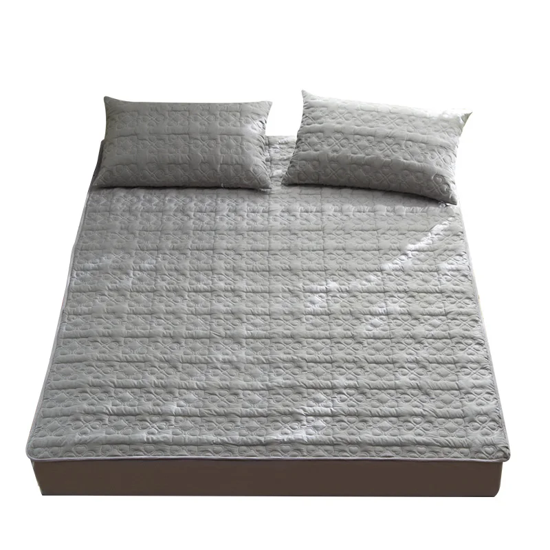 

Simple Gray Solid Color 100% Cotton Fitted Sheet Set & Quilted Waterproof Mattress Protector Bedding Set 3pcs - Double Pillowcas