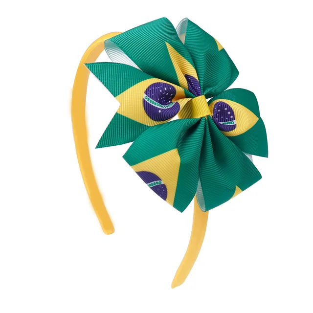 4" Brazil Flag Hairbands For Girls Handmade Grosgrain Ribbon Knot Satin Headband Brazilian