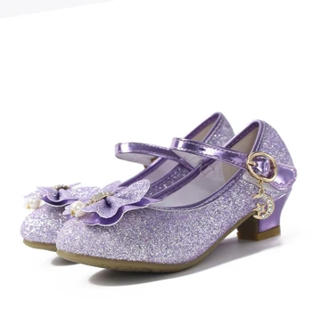 

MXHY2019New Summer Girls sequined small high-heeled shoes Pearl bowshoes Toddler Sweet Children princess shoes 26-38