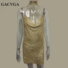 GACVGA 2017 Crystal Metal Halter Shining Summer Dress Women Beach Dress Sequin Mini Sexy Party Dresses Vestidos
