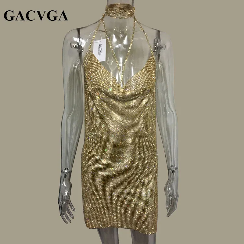 Ceny GACVGA 2019 Crystal Metal Halter lśniąca letnia sukienka sukienka plażowa dla kobiet cekiny Mini Sexy sukienek Vestidos