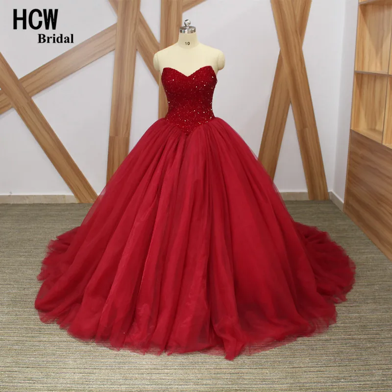 

Luxury Burgundy Rhinestone Ball Gown Tull Evening Dresses 2019 Sweetheart Lace Up Back Formal Occasion Evening Dress Custom Made