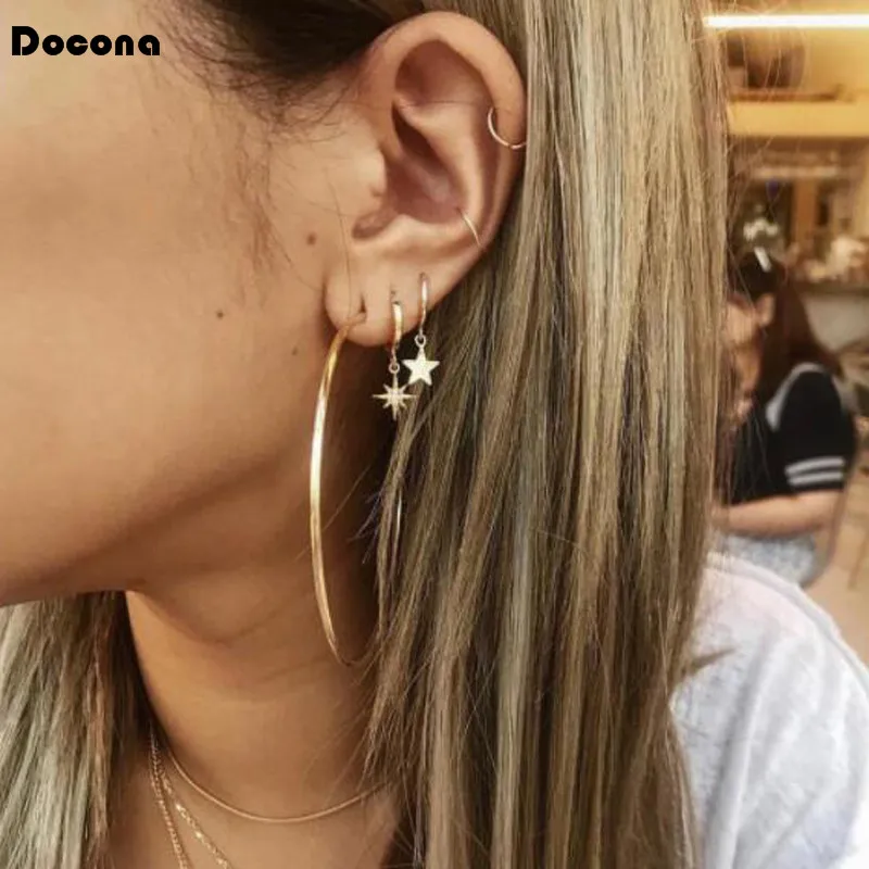 

Docona New Arrival Gold Color Stud Earrings For Women Ladies Punk Style Big Round Shape Compact Star Jewelry Accessories