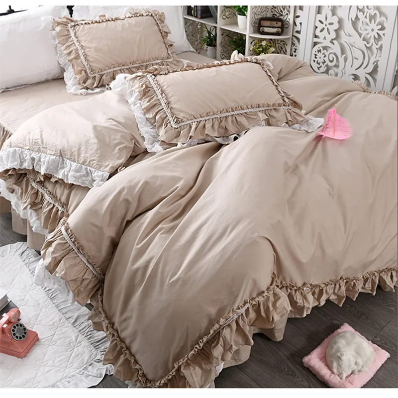 

Korean princess solid color khaki bedding twin full queen king size 100%cotton ruffles embroidered bed skirt free shipping YYX