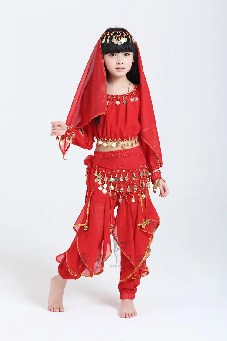 Детский набор костюма для танца живота девочек Болливуд танцевальные костюмы индийский костюм для детей представление танцевальная одежда - Цвет: 3 pcs red