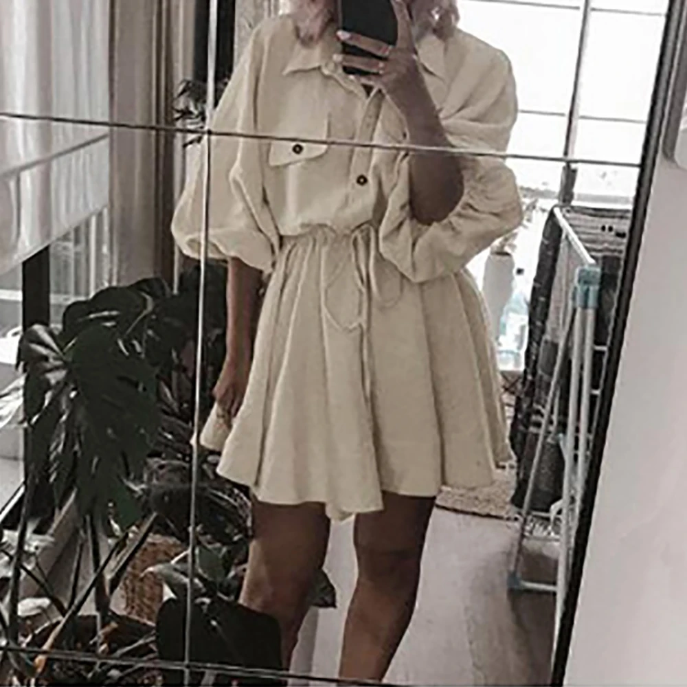 

HEFLASHOR Women summer fashion dress cotton linen buttons short shirt Waist dress female vestidos belt dresses solid clothes