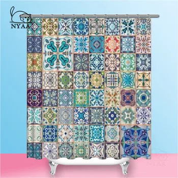 

Nyaa Floral Patchwork Tile Design Shower Curtains Colorful Moroccan Waterproof Polyester Fabric Bathroom Curtains
