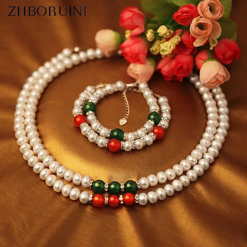 

ZHBORUINI Fashion Necklace Pearl Jewelry Set Natural Freshwater Pearl 925 Sterling Silver Jewelry Zircon Pendant For Women
