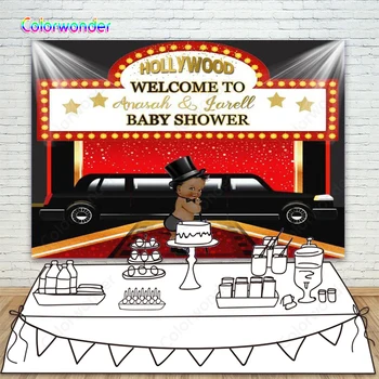 

Photography Baby Boy Standing on the Red Carpet with Black Car 7x5ft Black Background with Red Curtain Backdrops for Baby Shower