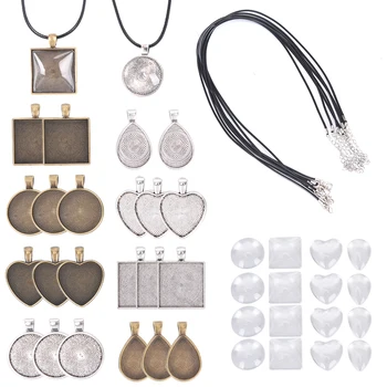 

60 Pcs/set Necklace Pendant Bottom Tray Set With Glass Necklace Leather Cord For Photo Pendants DIY Jewelry Making