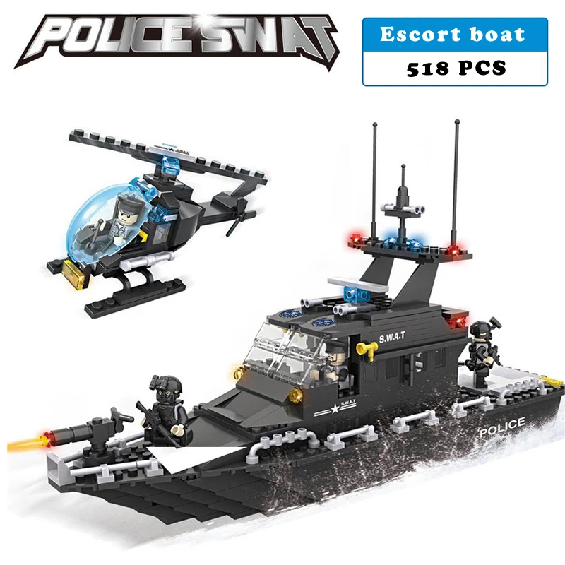 

HSANHE 6511 City Police SWAT Escort Boat Helicopter Figure Blocks Christmas Gift Construction Building Toys For Children