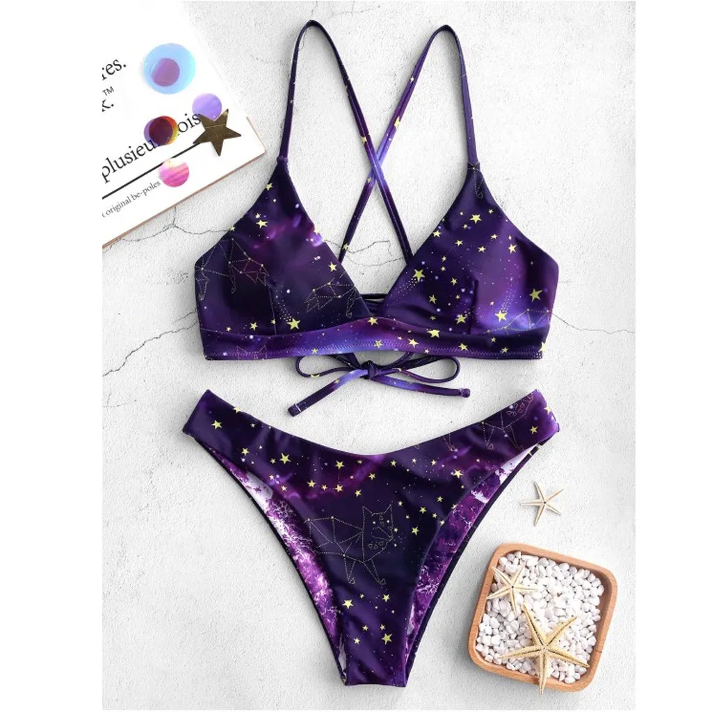 

Bikinis Ladies Separate Sexy Suspender Star Gradual Printed Bikini Pure-color Swim Suit Swimwear Swimsuit Beachwear Bathing Suit