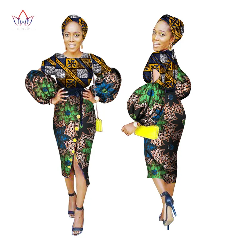 Autumn African Dresses for Women Long Sleeve Dress O Neck Bazin Rich ...