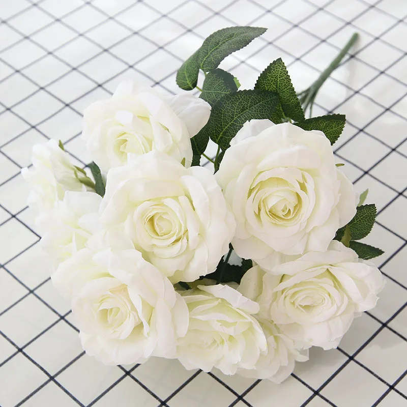 Роза Букет искусственных цветов Искусственные розы из шелка синий свадебный цветок домашний декор Искусственные розы цветок Рождественский Декор - Цвет: Белый