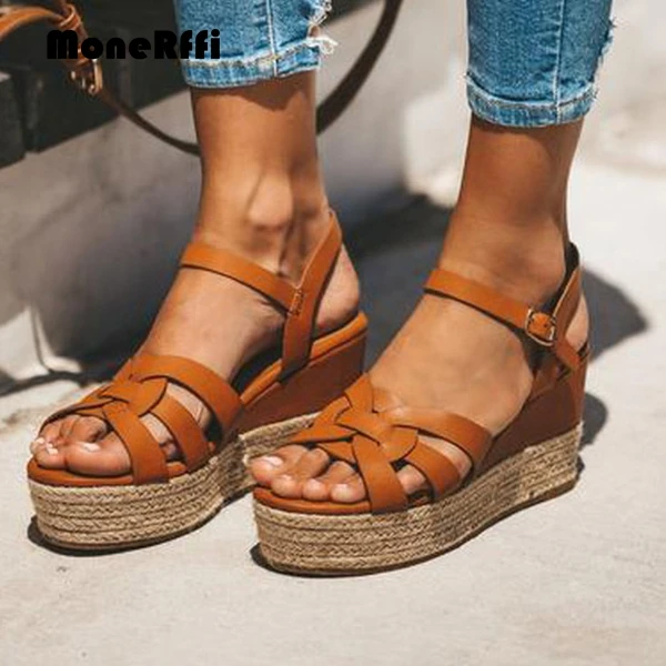 

MoneRffi Wedges Sandals Shoes For Women Leather High Heels Sandals Summer 2019 Chaussures Femme Platform Sandals Plus Size 2019