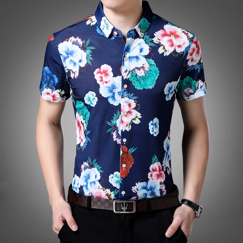 Mens summer 2018 floral dress shirts fashion printing male causal short ...