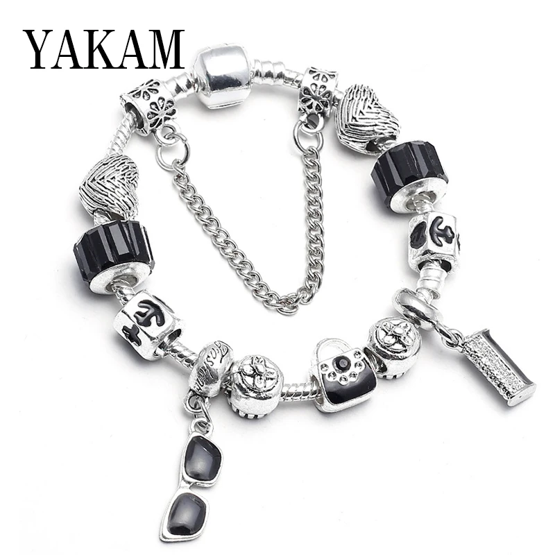 

Luxury brand black enamel sunglasses handbag beads DIY fit original bracelet charms safe chain bangles for women fashion jewelry
