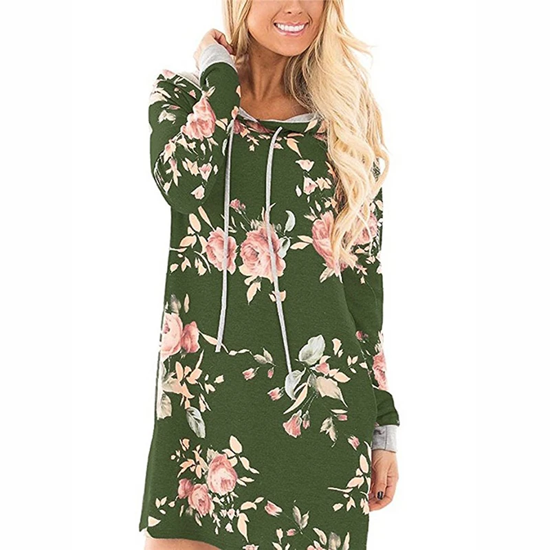 Womens Floral Hooded T-shirt Dress Ladies Long Sleeve Casual Holiday Short Dress