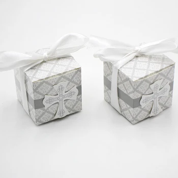 

50pcs/lot First Communion paper candy box, baby shower wedding party Gift pack, wedding party cross candy box with ribbons
