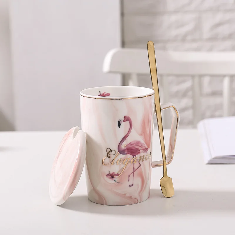 

Handpainted Gold Flamingo Mugs wiht spoon lid,Marble Porcelain Coffee Mug Ceramic Tea Milk Cup Lady Gentle Man Printed Gift