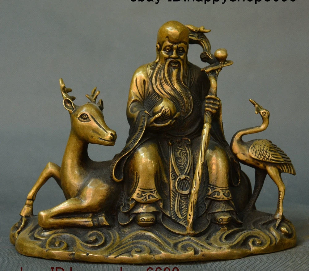 

Old Folk Chinese Bronze The God Of longevity Shouxing Shou Star Deer Bird Statue