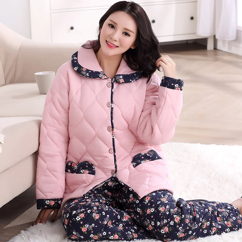 Top quality! Women cotton pyjamas plus size 3XL quilted pajamas winter