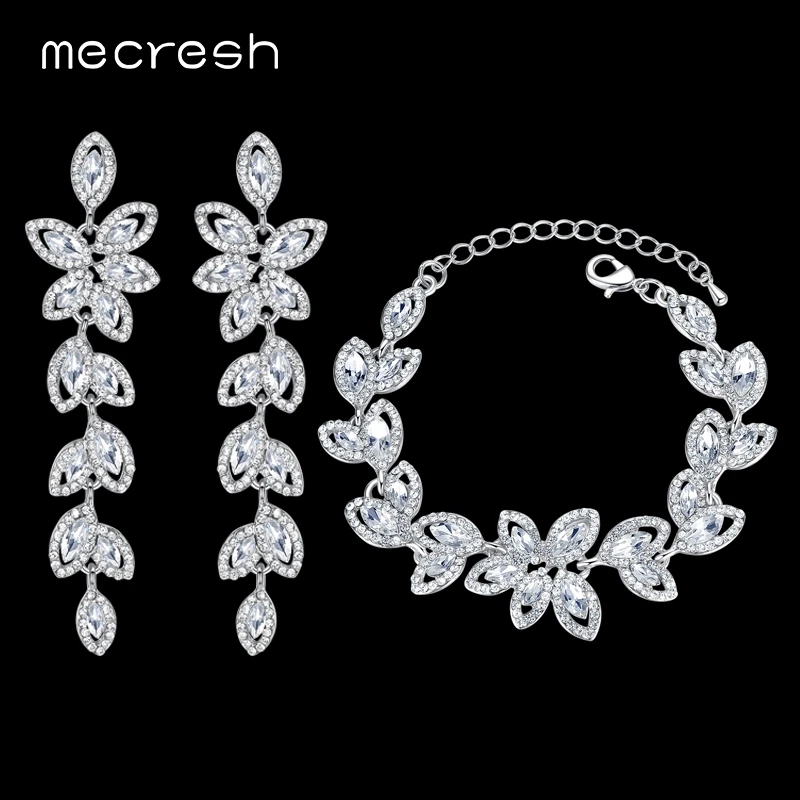 Mecresh Noble Bridal Jewelry Wedding Accessories Crystal Color Jewelry Sets Leaf Earrings Bracelet for Women SL046+EH282|bracelet and ring set|bracelet namebracelet unisex - AliExpress