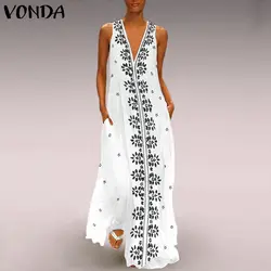 2019 VONDA богемное пляжное белое платье Лето Цветочный принт Макси длинное платье Для женщин Винтаж сексуальное с v-образным вырезом без