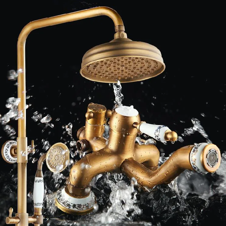 Free Shipping!Antique Rain Shower Faucets Set With Hand Shower Brass Wall Mounted Shower Mixer For Bathroom H-0020