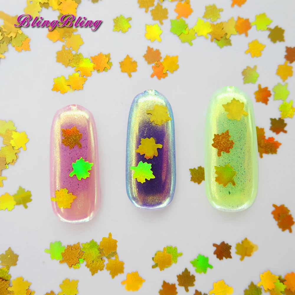 BlingBling новый осенний блеск для ногтей Золотой лак Кленовые Листья Форма